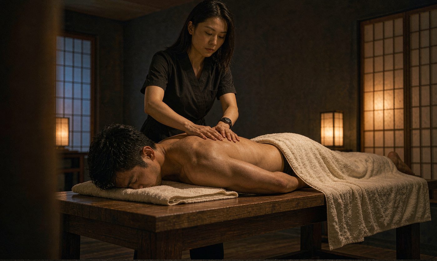 A Soma Massage therapist performing firm back work on a client in a private suite