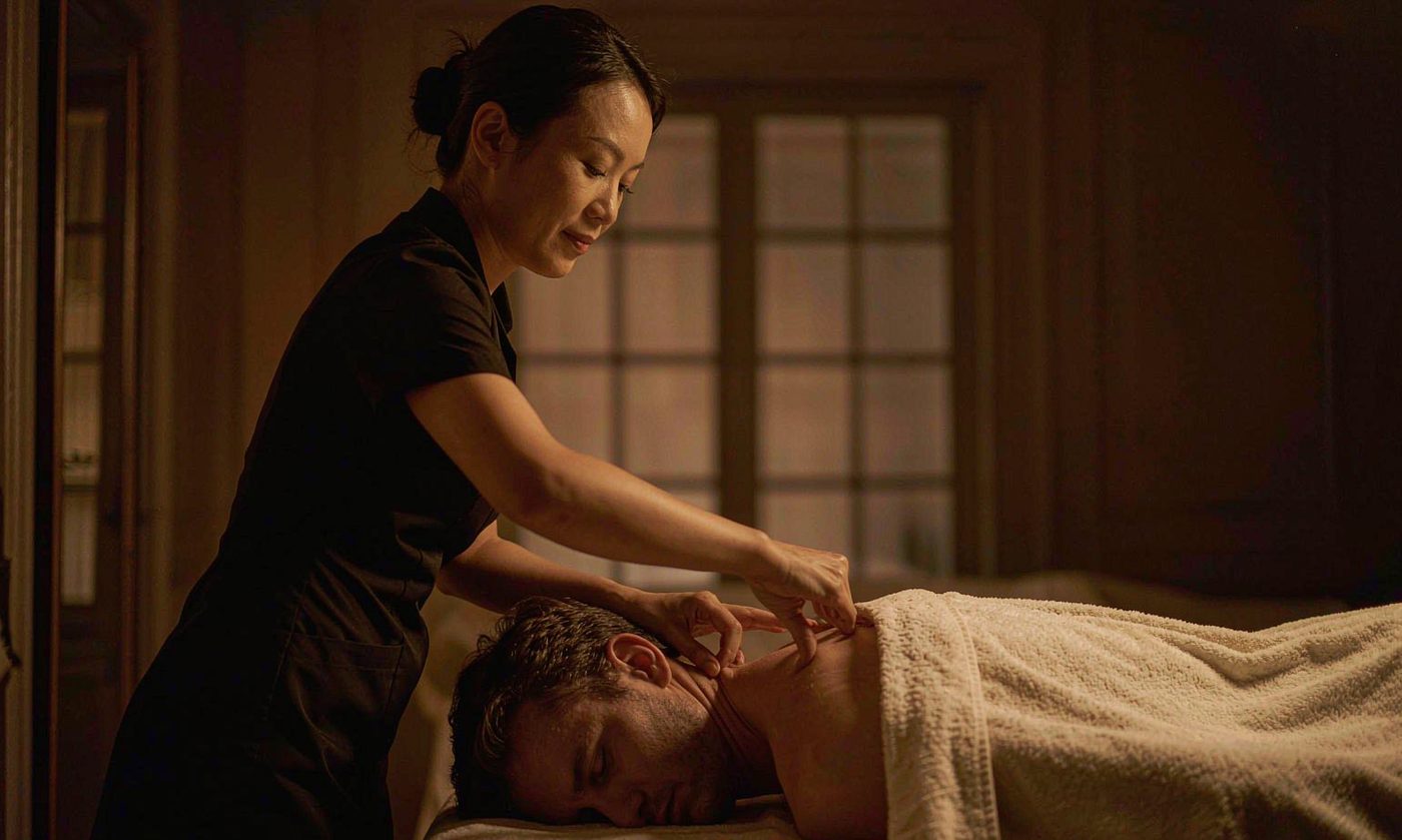 A Soma Massage therapist applying firm shiatsu pressure to a client's shoulders