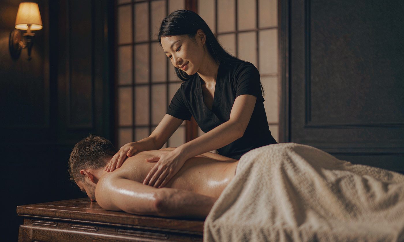 A Soma Massage therapist performing signature oil bodywork on a client's back in a private suite