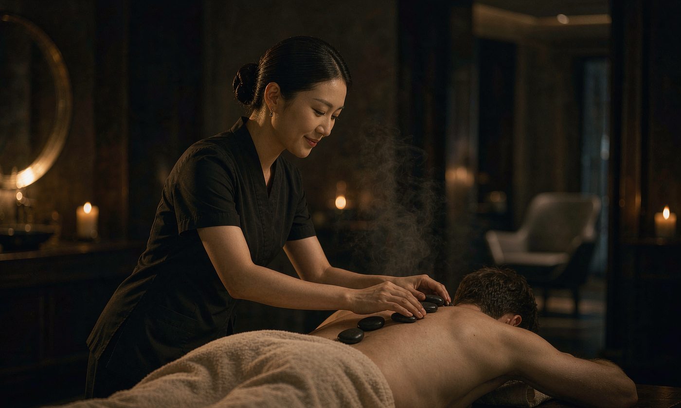 A Soma Massage therapist placing heated basalt stones along a client's spine
