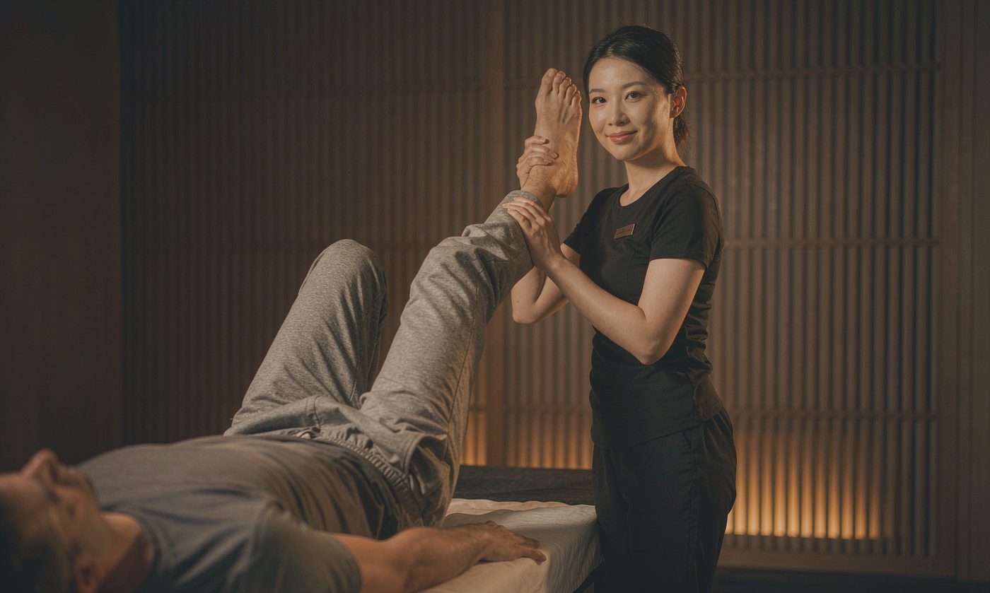 A Soma Massage therapist guiding an assisted Thai stretch on a mat